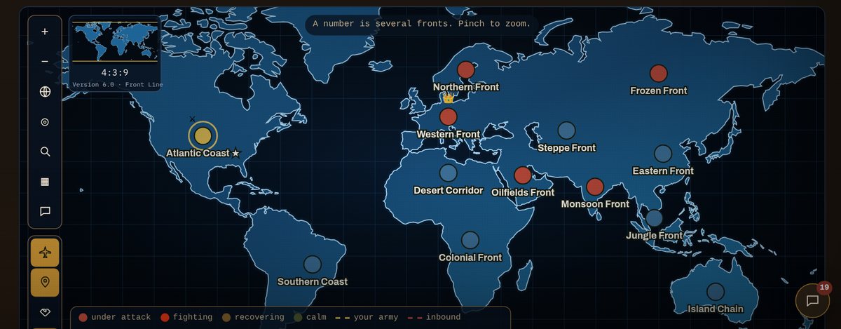 The Ironfront map: fronts on every continent, with attacks in the air