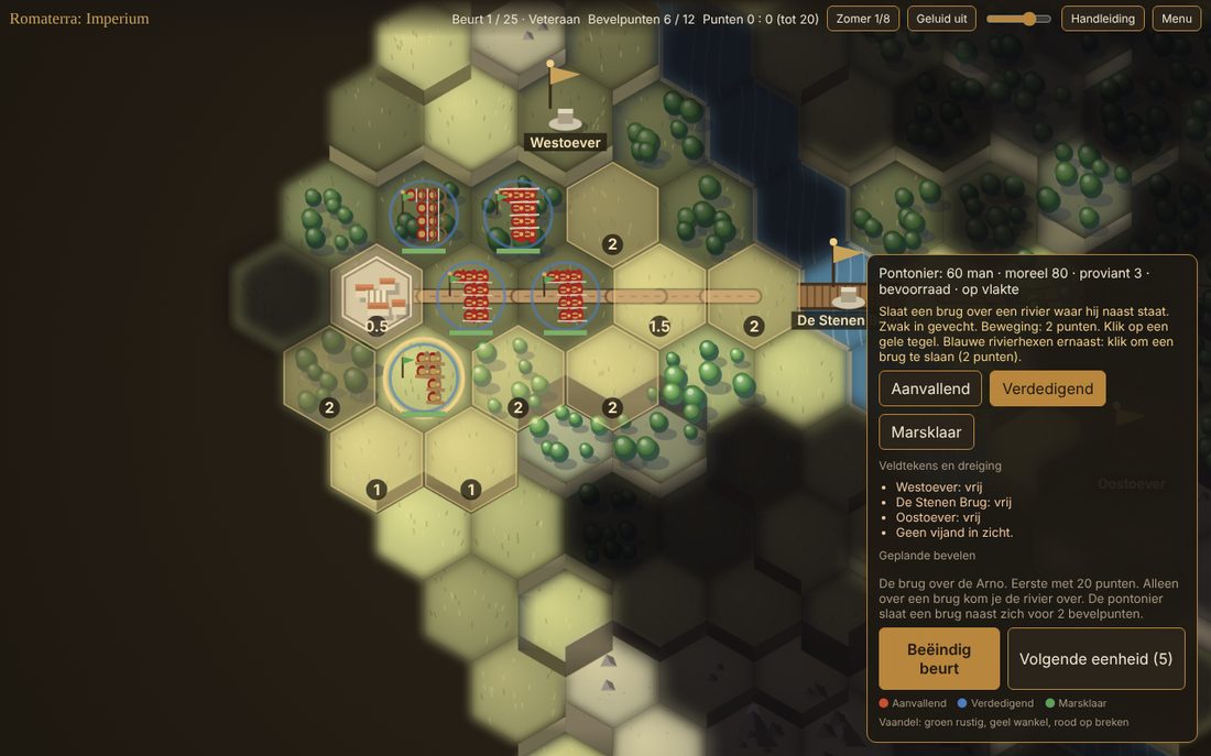 Een veldslag in Romaterra: Imperium, met legioenen op een weg naar een stenen brug over de rivier, veldtekens en het bevelpaneel.