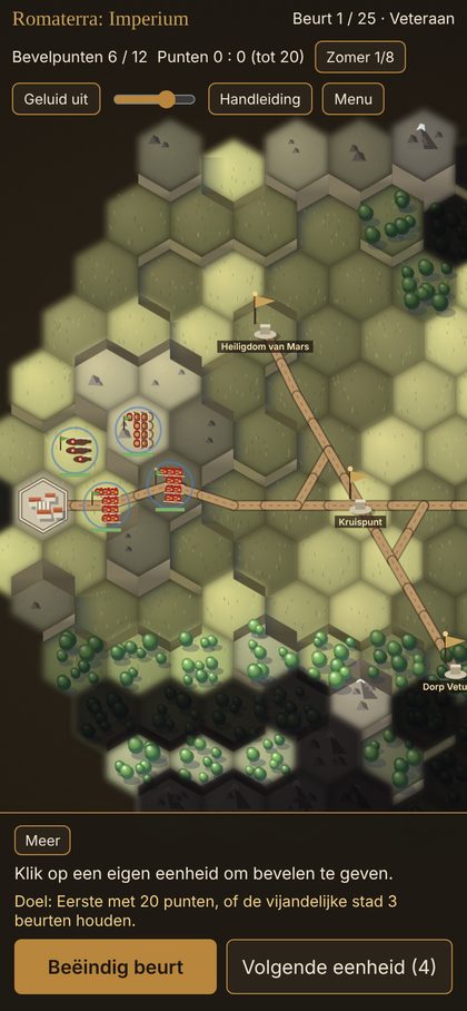 Romaterra: Imperium op een telefoon, staand, met de kaart en de knoppen onderin.